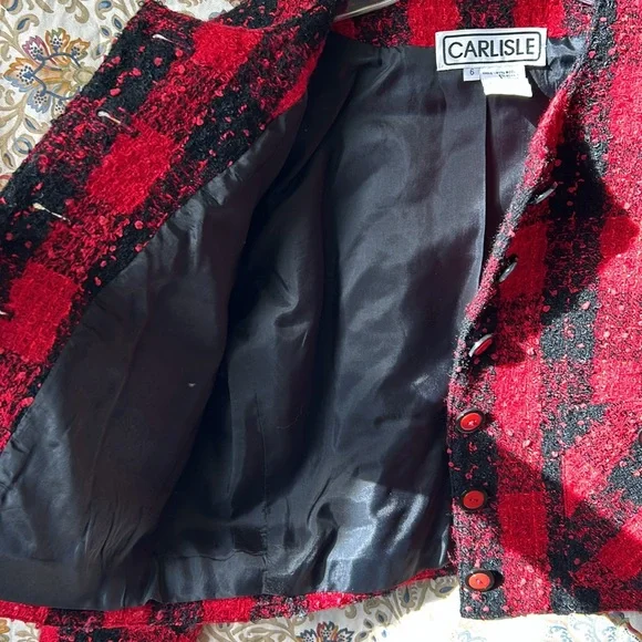 Vintage Carlisle Wool Red/Black Buffalo Check Boucle Blazer‎ Cropped Lined 6